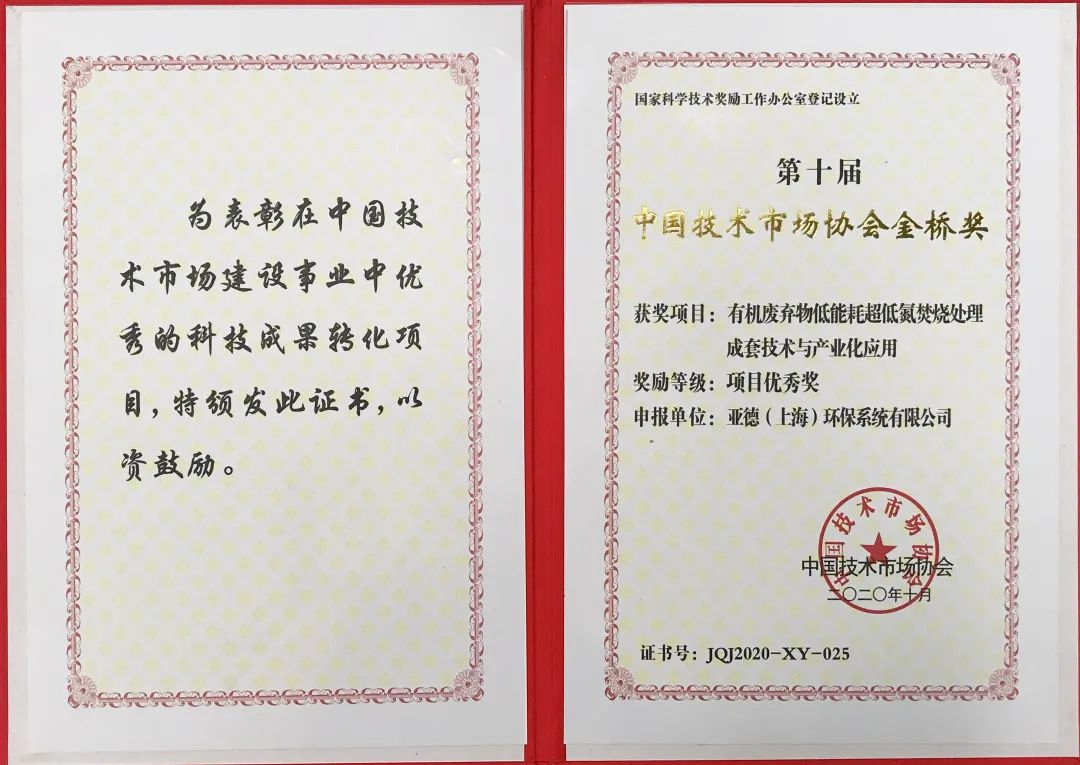 亚德集团荣获第十届中国技术市场协会金桥奖项目优秀奖
